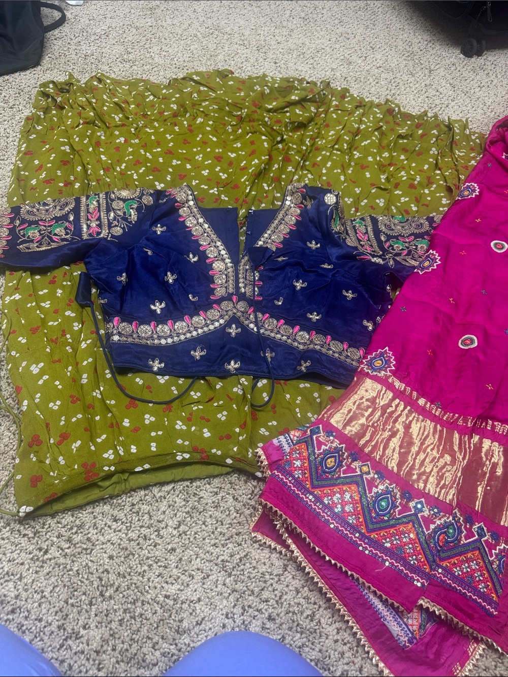 Embroidered Navy Blue Velvet Crop Blouse with green chaniya with pink e dupatto